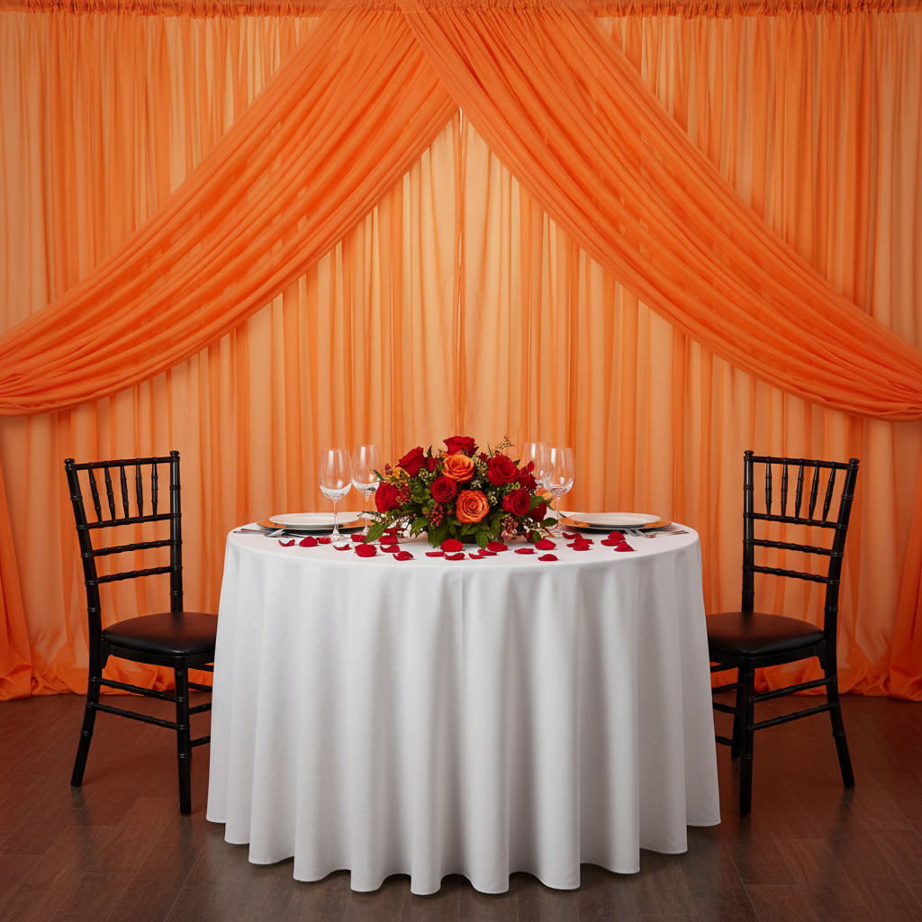 Sheer Voile Flame Retardant (FR) 12ft H x 118" W Drape/Backdrop Curtain Panel - Orange | uprights | bases | crossbar |