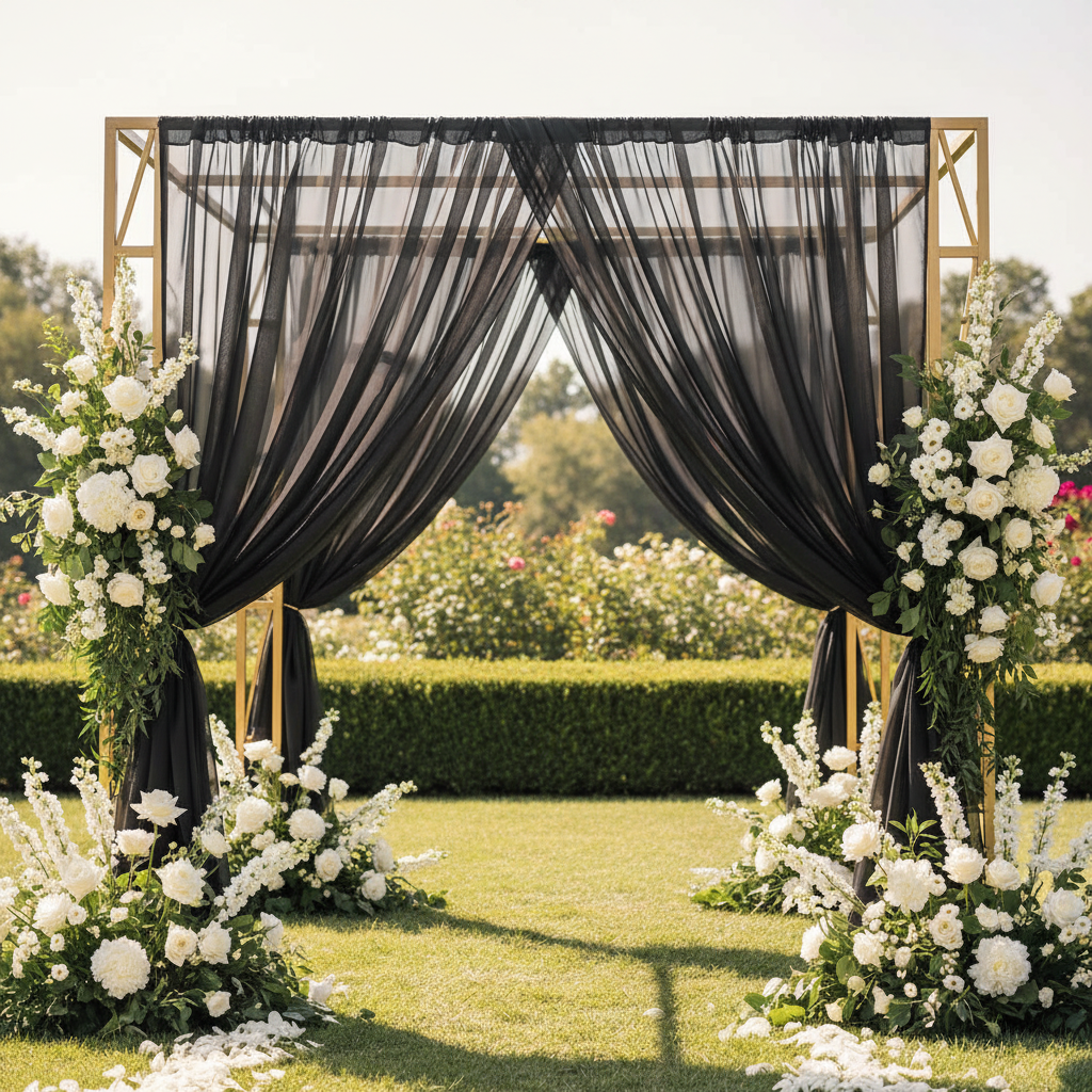 Sheer Voile Flame Retardant (FR) 14ft H x 118" W Drape/Backdrop Curtain Panel - Black on gold square arch for wedding ceremony