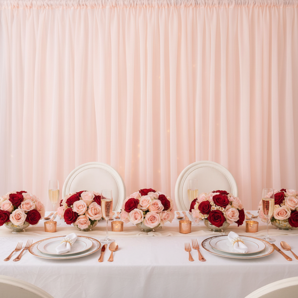 Sheer Voile Flame Retardant (FR) 14ft H x 118" W Drape/Backdrop Curtain Panel - Blush/Rose Gold for anniversary indoor celebration