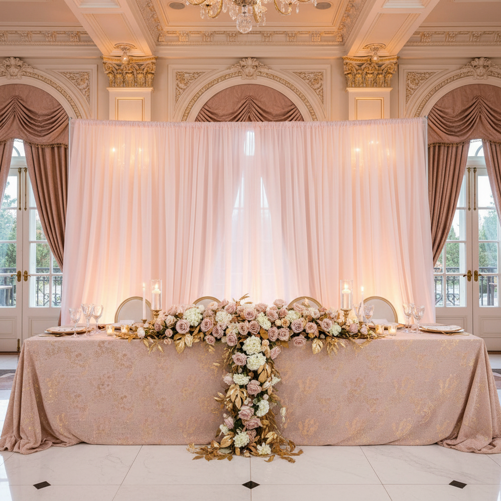 Sheer Voile Flame Retardant (FR) 14ft H x 118" W Drape/Backdrop Curtain Panel - Blush/Rose Gold for indoor wedding reception