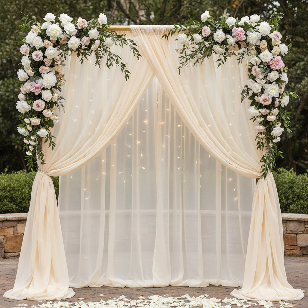 Sheer Voile Flame Retardant (FR) 14ft H x 118" W Drape/Backdrop Curtain Panel - Champagne | uprights | bases | crossbar |