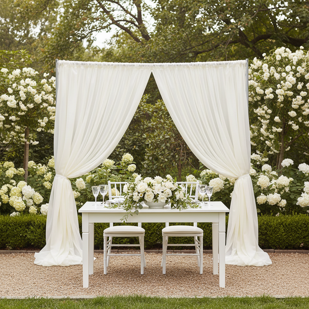 Sheer Voile Flame Retardant (FR) 8ft H x 118" W Drape/Backdrop Curtain Panel - Ivory | uprights | crossbar | bases |