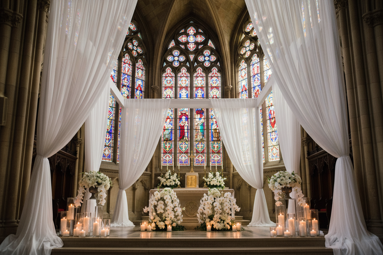 cathedral ceremony with Sheer Voile Flame Retardant (FR) 8ft H x 118