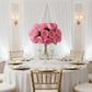 Silk Artificial Peony Flower Bush Bundle - Light Pink on white table setting | white dinner plate | gold charger plate | white napkin | wine goblets | gold chiavari chair