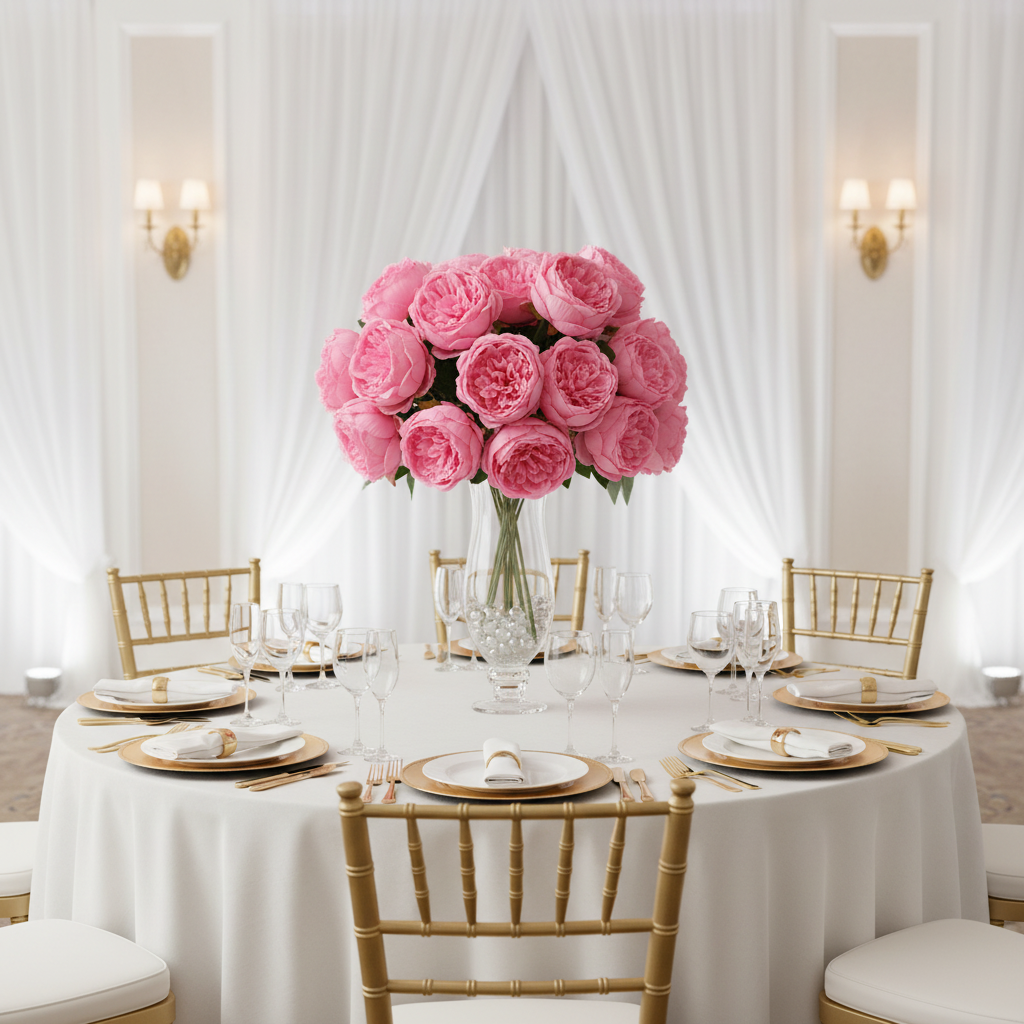 Silk Artificial Peony Flower Bush Bundle - Light Pink on white table setting | white dinner plate | gold charger plate | white napkin | wine goblets | gold chiavari chair