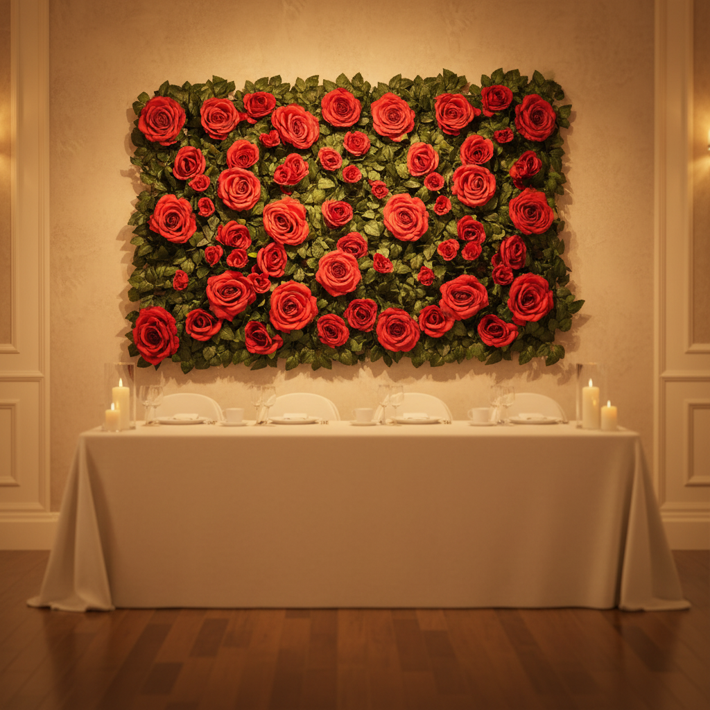 Silk Greenery with Roses Wall Backdrop Panel - Red