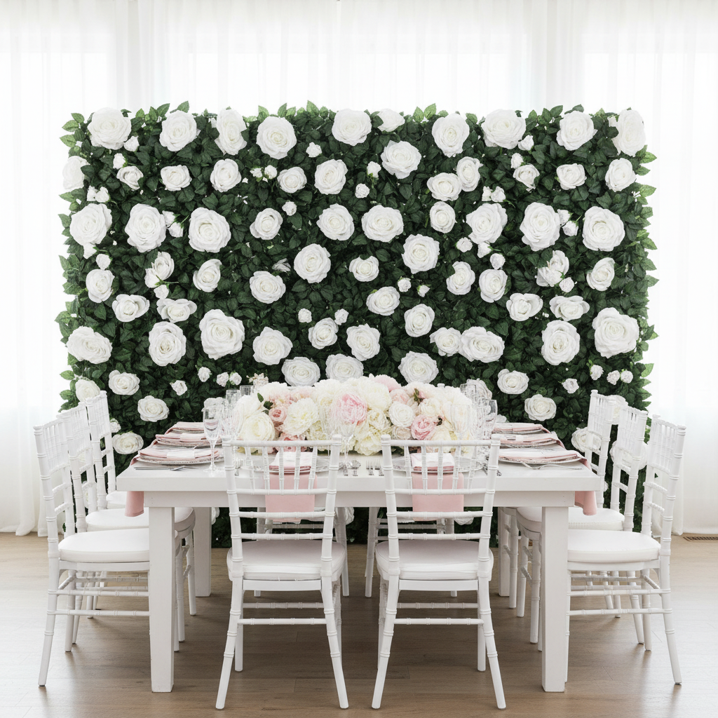 Silk Greenery with Roses Wall Backdrop Panel - White