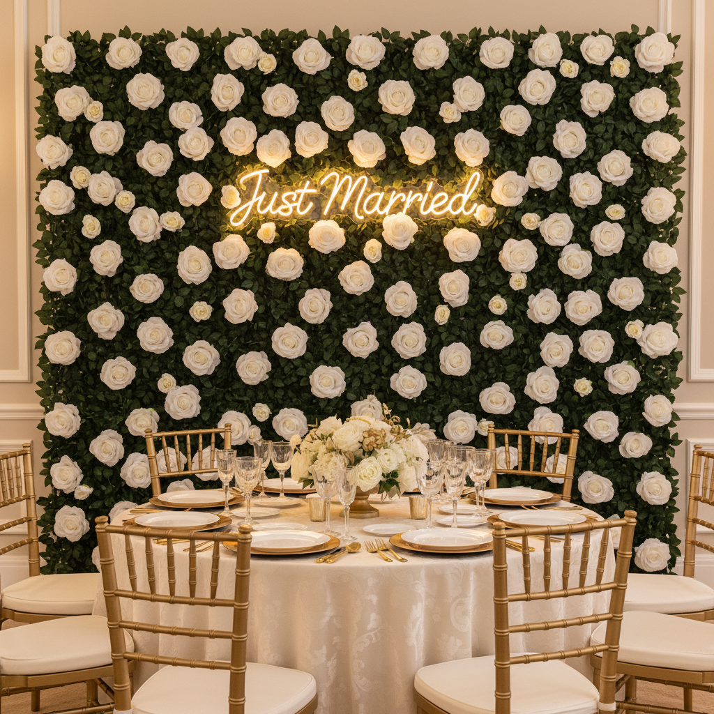 Silk Greenery with Roses Wall Backdrop Panel - White