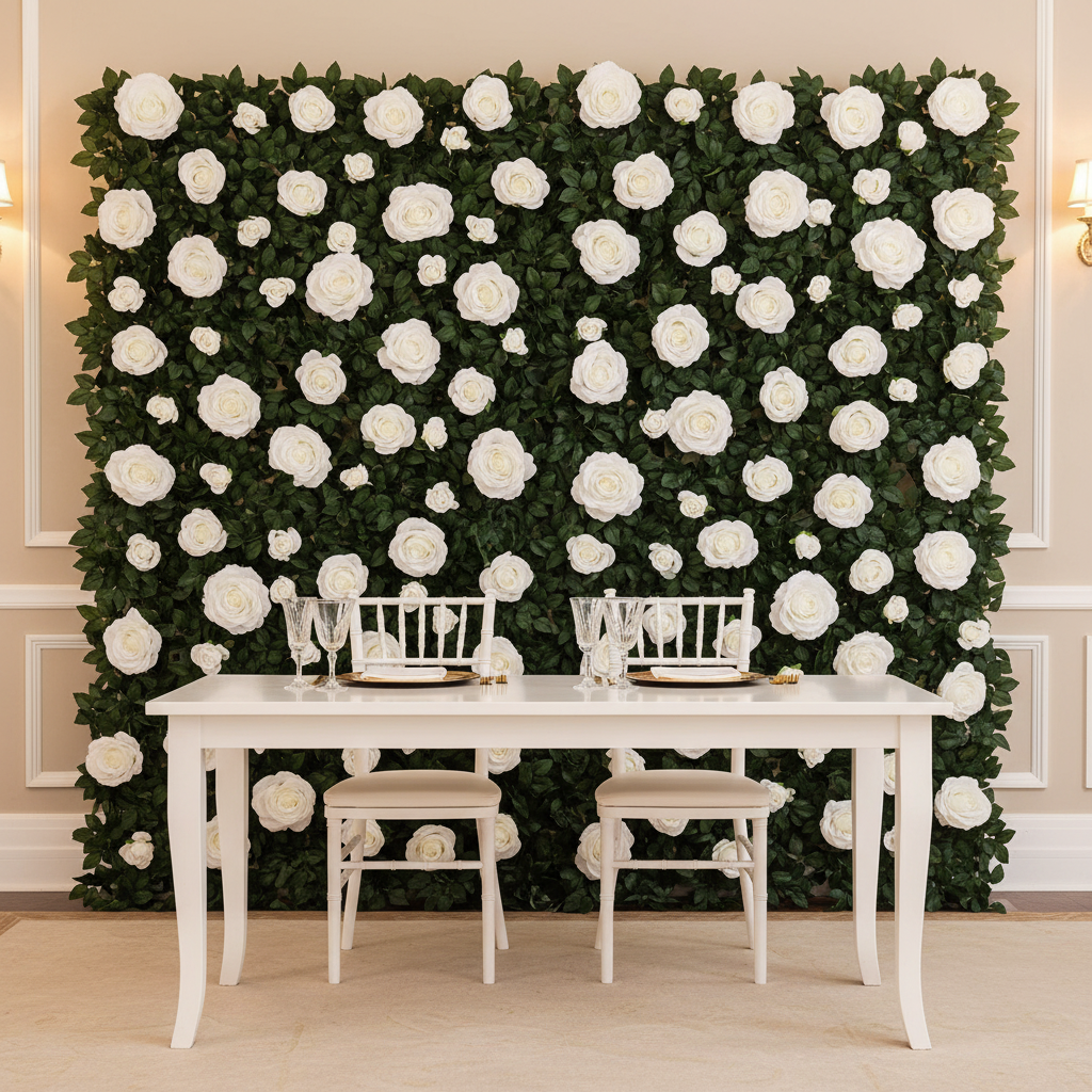 Silk Greenery with Roses Wall Backdrop Panel - White