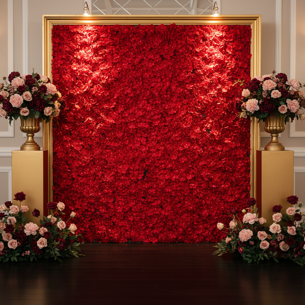 Silk Roses/Hydrangeas Flower Wall Backdrop Panel - Red