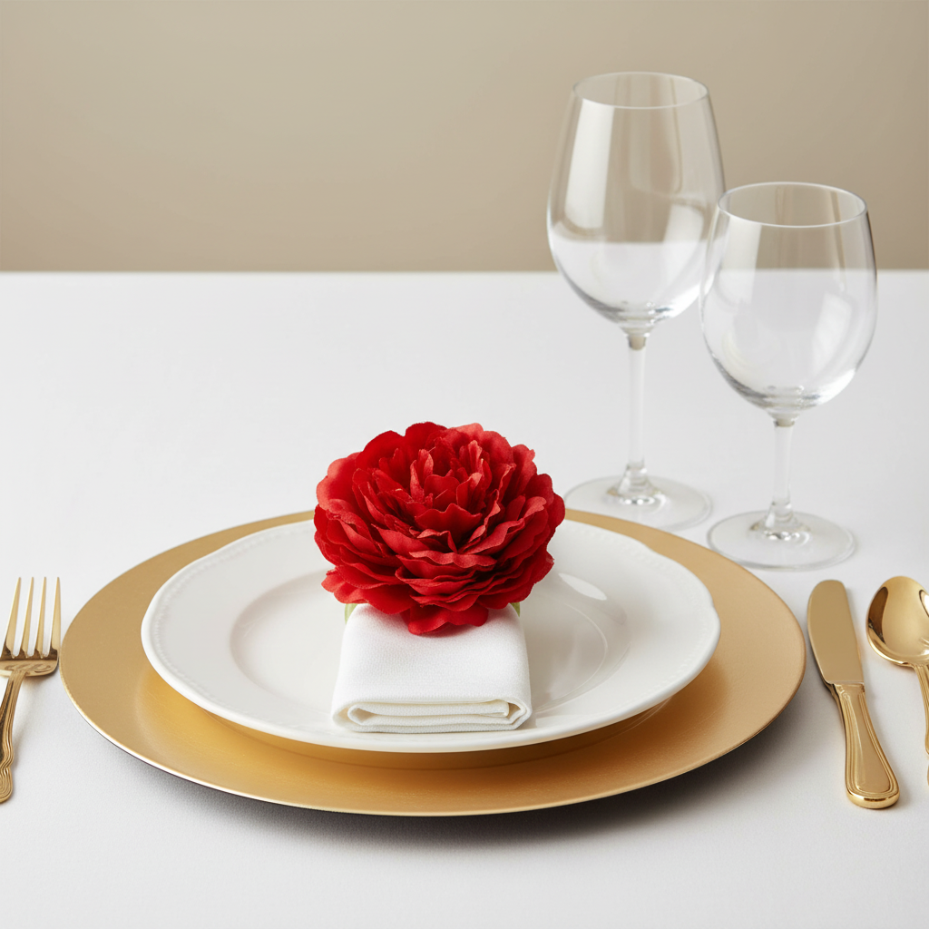 Silk Peony Flower Napkin Ring Holder (10 Count) - Red