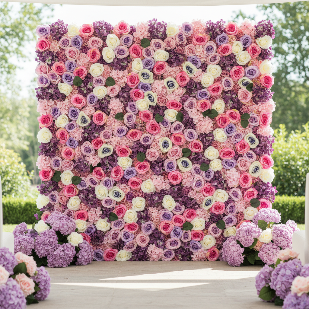 Silk Roses/Hydrangeas Flower Wall Backdrop Panel - Lavender & Pink & Purple