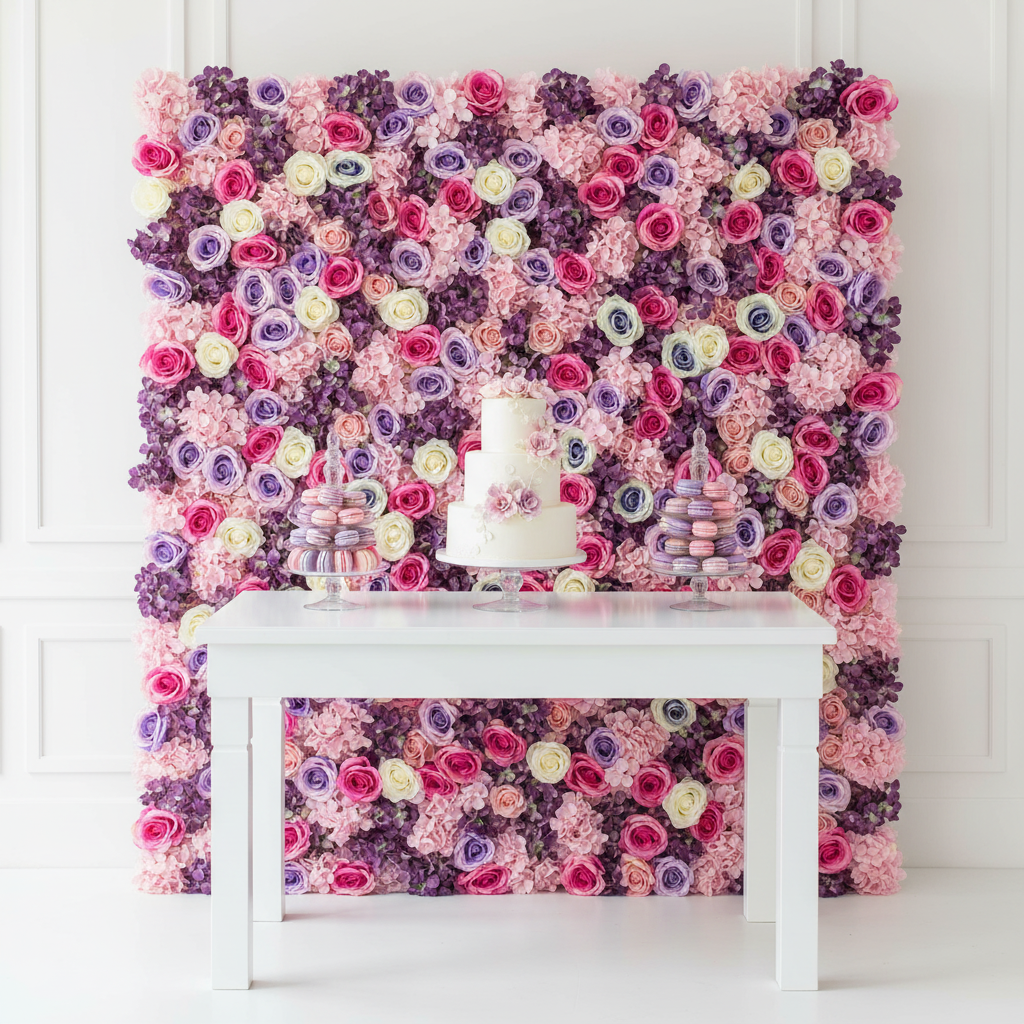 Silk Roses/Hydrangeas Flower Wall Backdrop Panel - Lavender & Pink & Purple