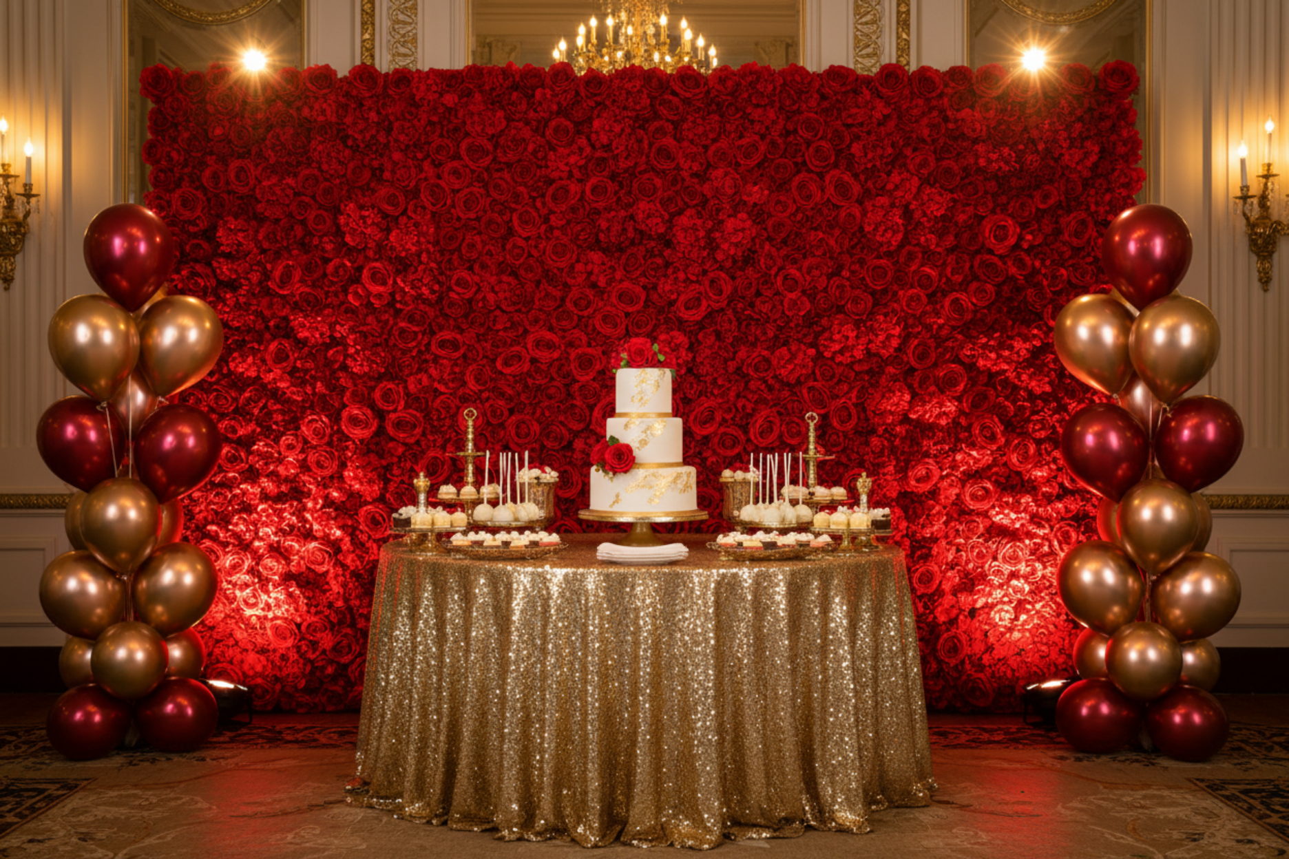 quinceañera with Silk Roses/Hydrangeas Flower Wall Backdrop Panel - Red