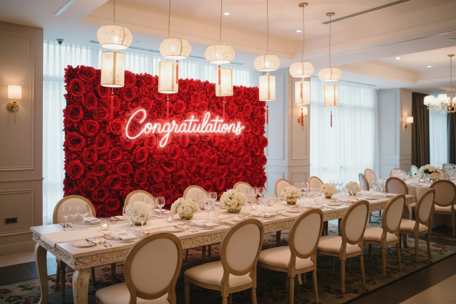 wedding reception withSilk Roses/Hydrangeas Flower Wall Backdrop Panel - Red