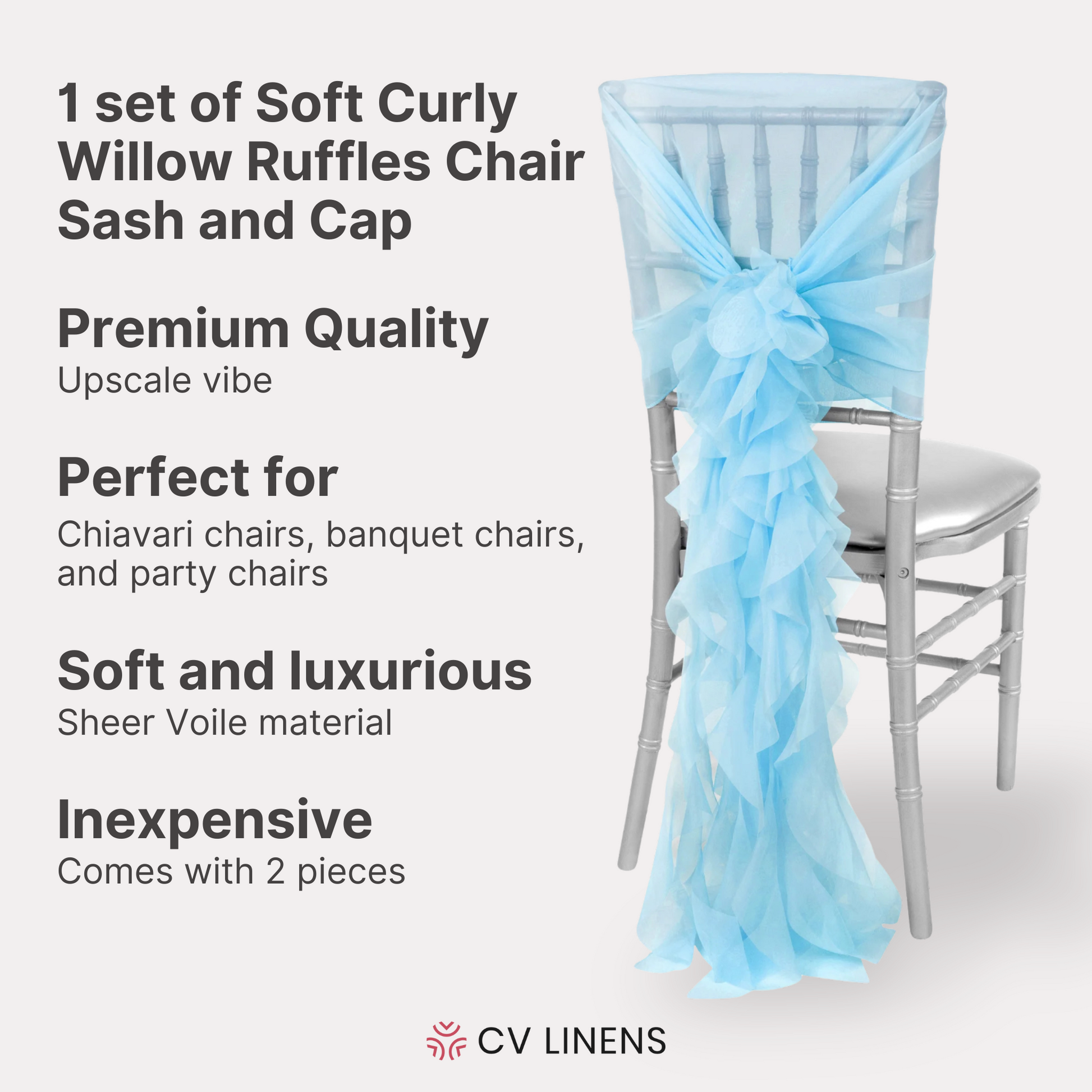 1 Set of Soft Curly Willow Ruffles Chair Sash & Cap - Baby Blue