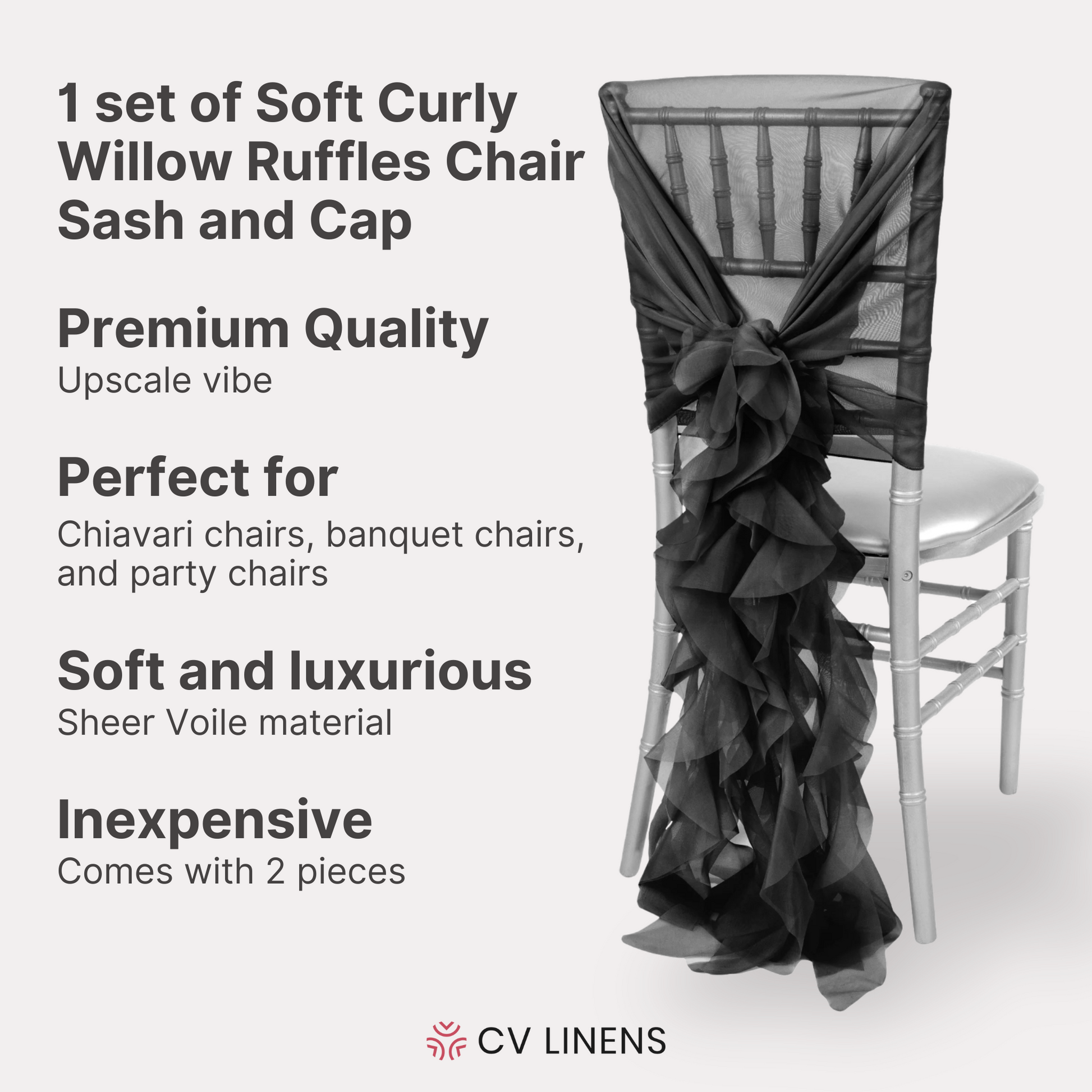 1 Set of Soft Curly Willow Ruffles Chair Sash & Cap - Black