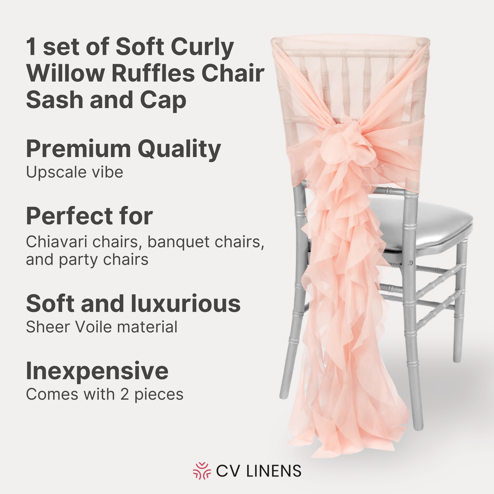 1 Set of Soft Curly Willow Ruffles Chair Sash & Cap - Blush/Rose Gold