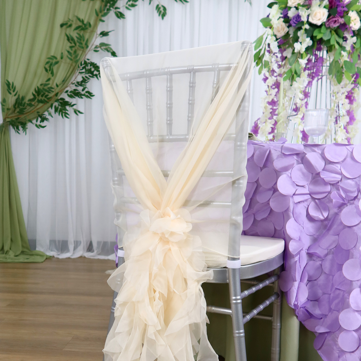 1 Set of Soft Curly Willow Ruffles Chair Sash & Cap - Ivory - CV Linens™