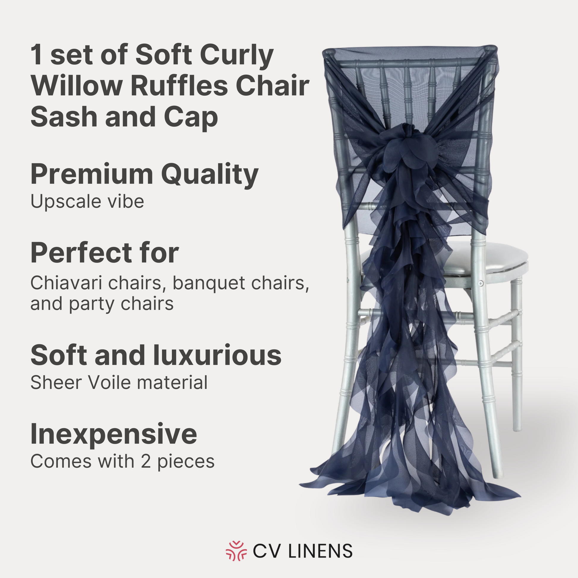1 Set of Soft Curly Willow Ruffles Chair Sash & Cap - Navy Blue
