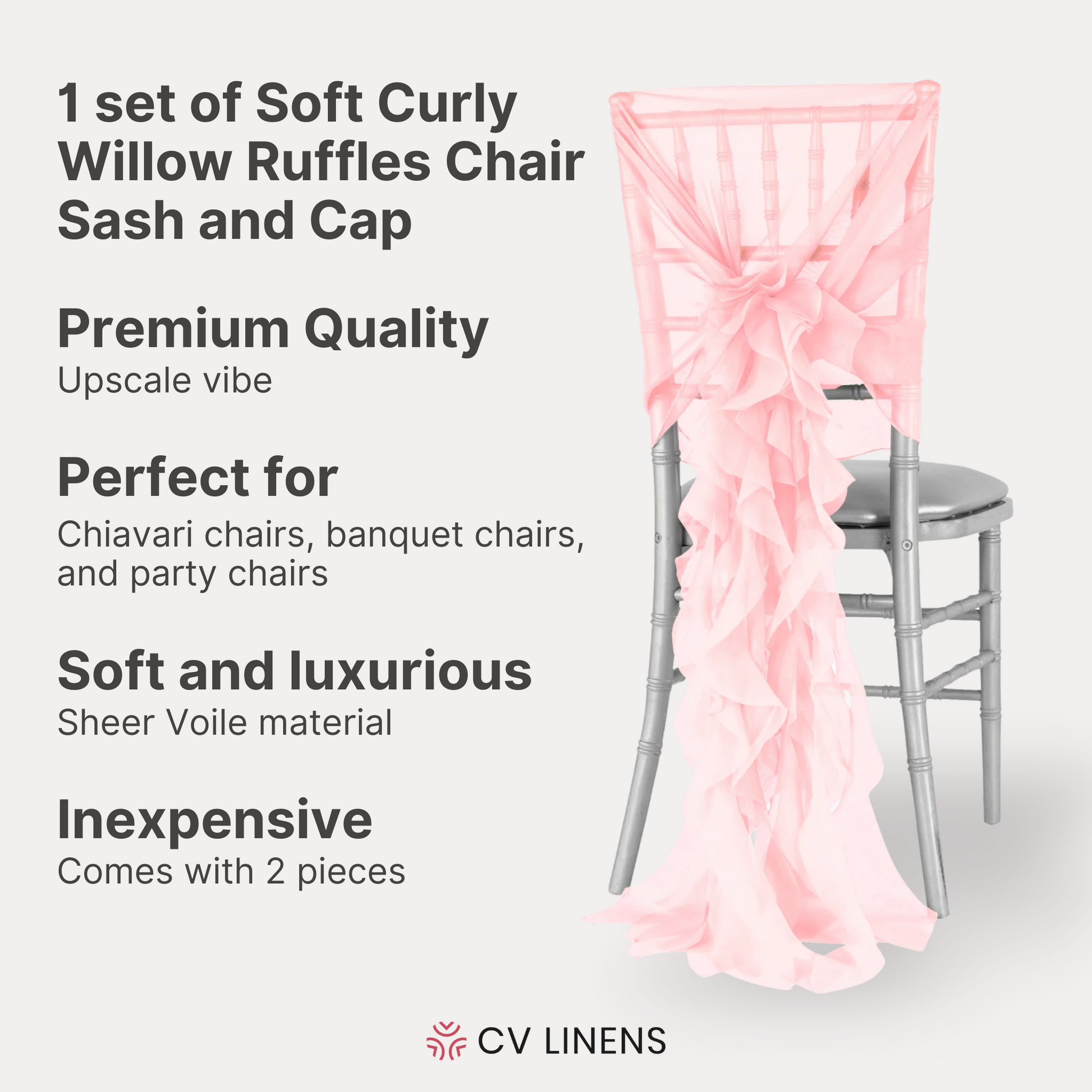 1 Set of Soft Curly Willow Ruffles Chair Sash & Cap - Pink
