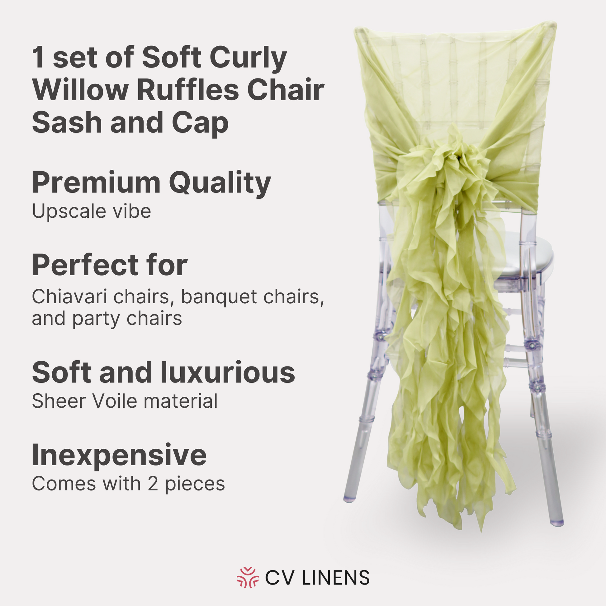 1 Set of Soft Curly Willow Ruffles Chair Sash & Cap - Sage Green - CV Linens