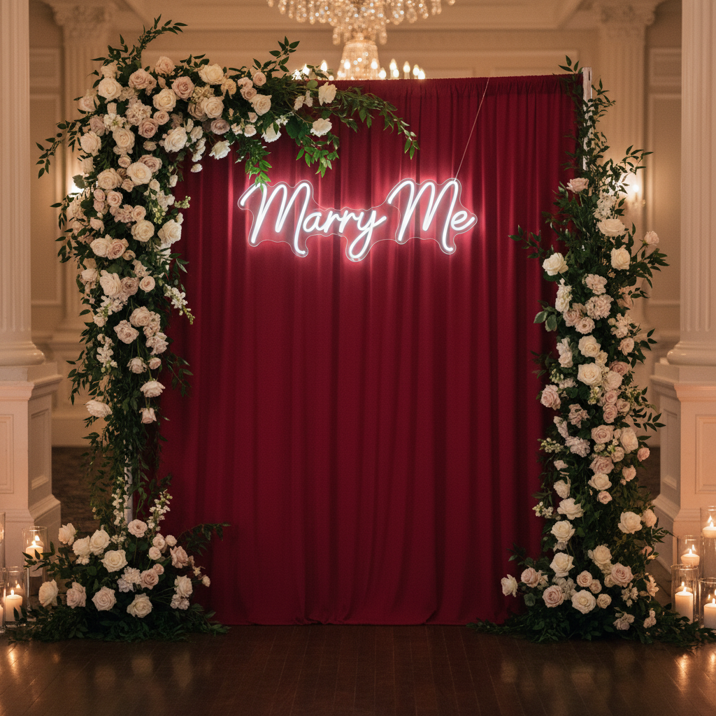 Spandex 4-way Stretch Drape Curtain Apple Red paired with florals on each side and a Marry Me neon LED sign