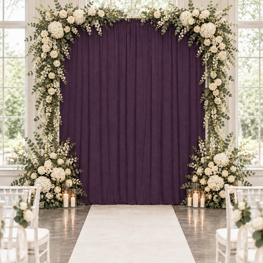 Spandex 4-Way Stretch Drape Curtain Eggplant/Plum with greenery and ivory florals
