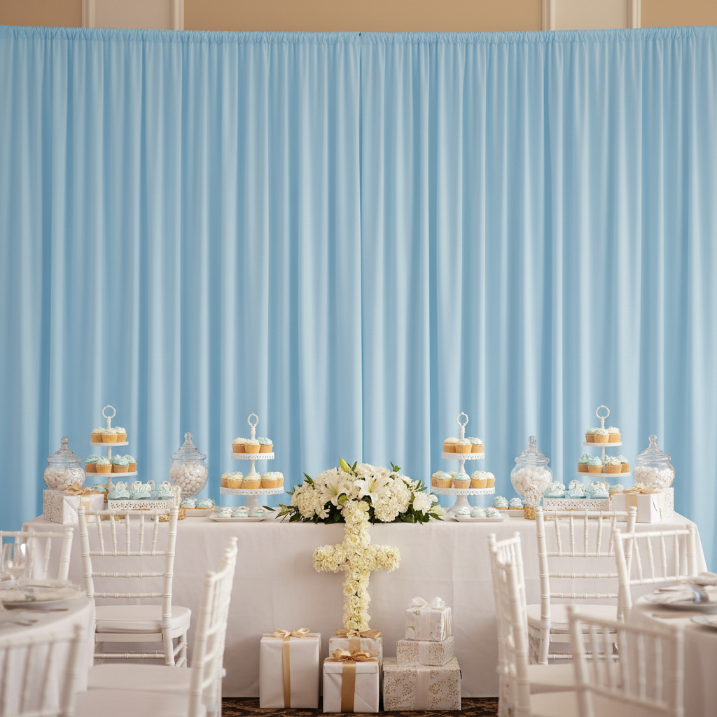 baptism indoor setup with Spandex 4-way Stretch Backdrop Drape Curtain 16ft H x 60" W - Baby Blue