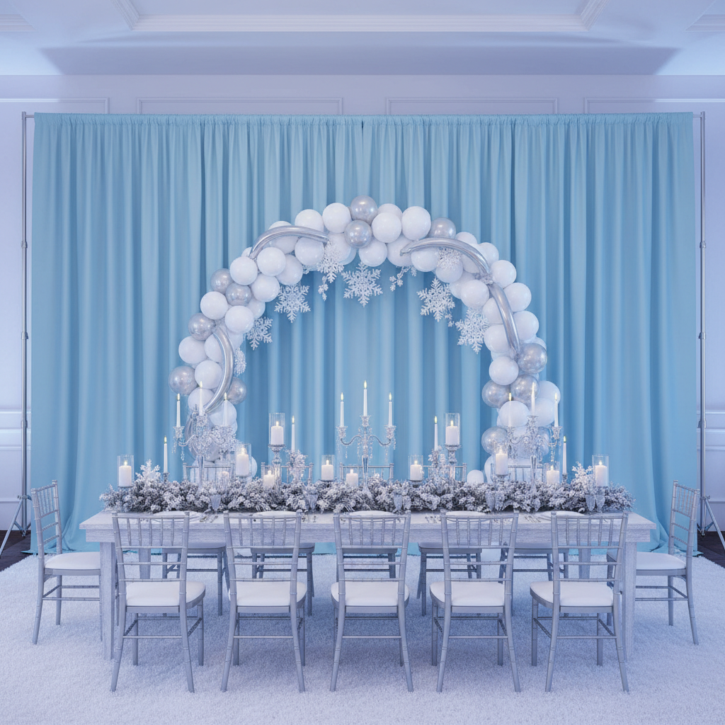winter wonderland birthday mockup with Spandex 4-way Stretch Backdrop Drape Curtain 16ft H x 60" W - Baby Blue