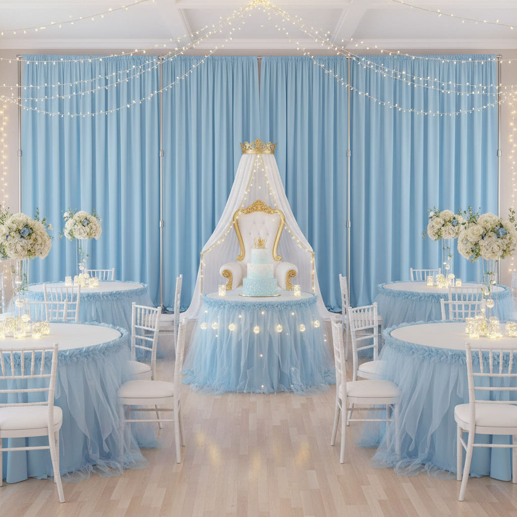 cinderella themed birthday setup with Spandex 4-way Stretch Backdrop Drape Curtain 16ft H x 60" W - Baby Blue