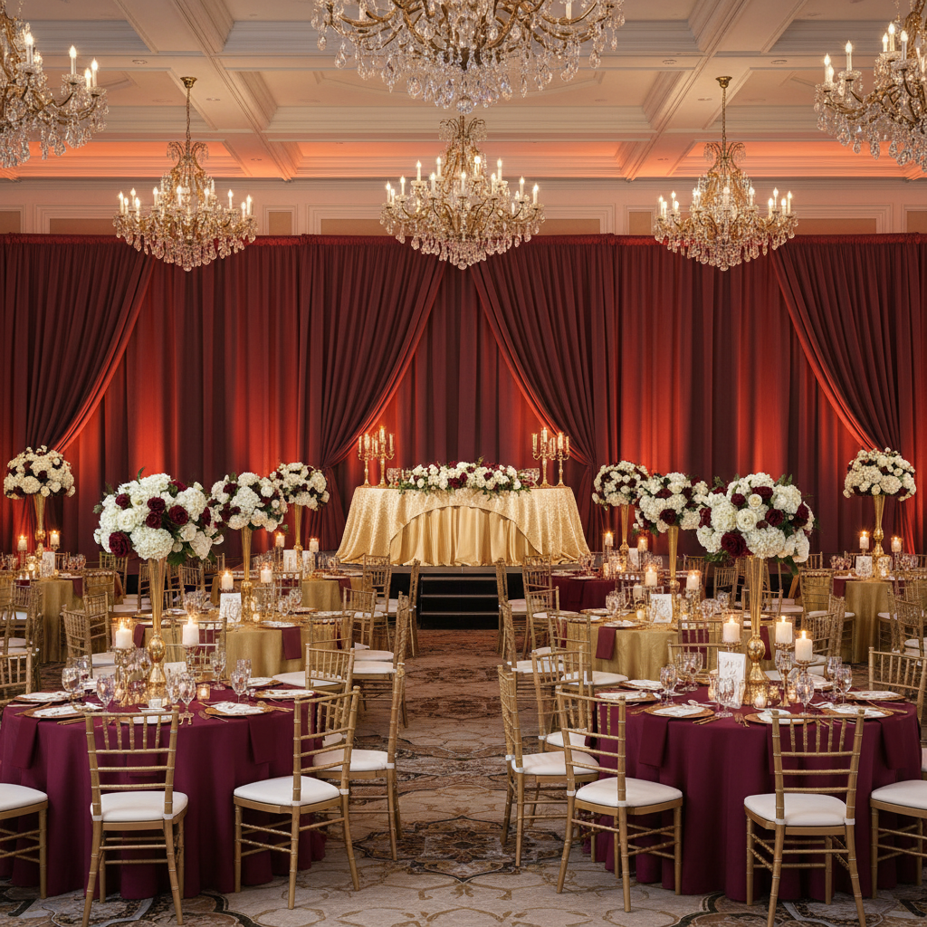 ballroom indoor reception with Spandex 4-way Stretch Backdrop Drape Curtain 16ft H x 60" W - Burgundy