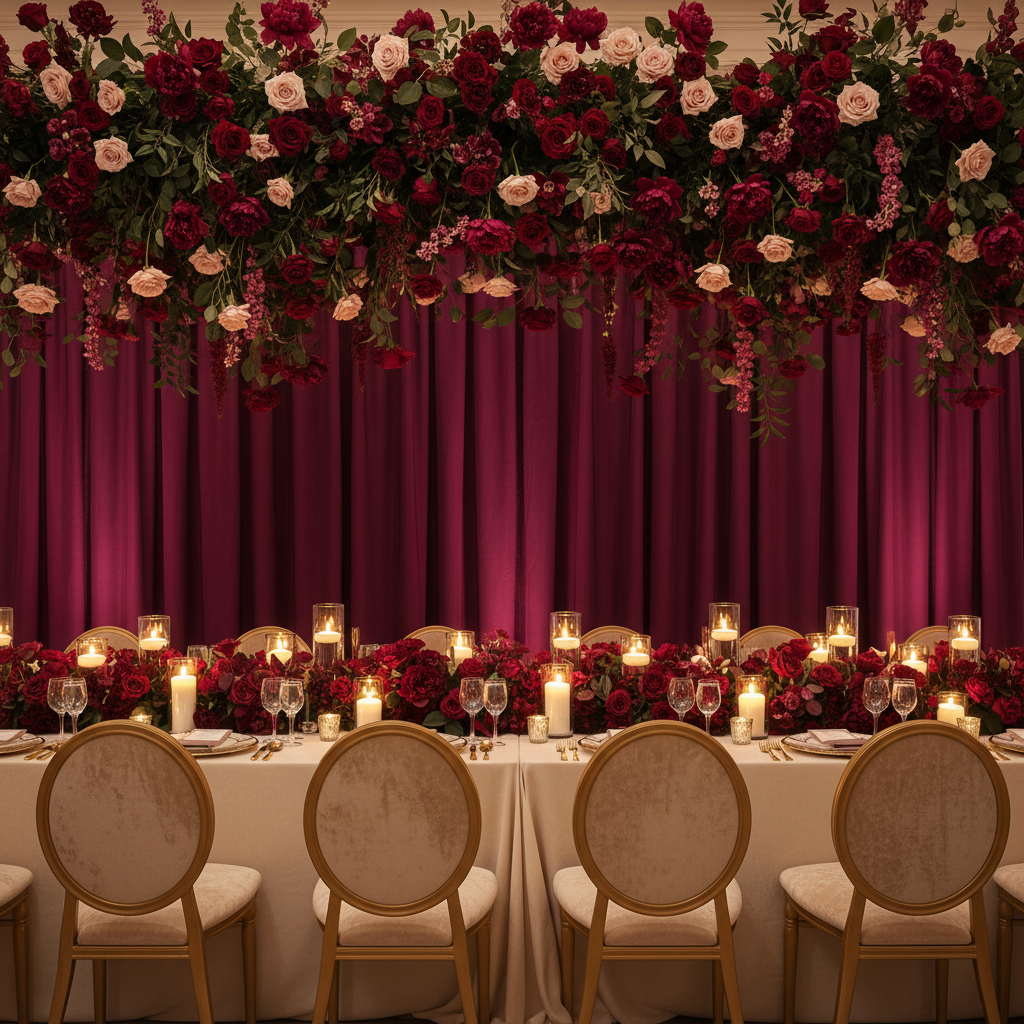 elegant guests dinner table setup with Spandex 4-way Stretch Backdrop Drape Curtain 16ft H x 60" W - Burgundy