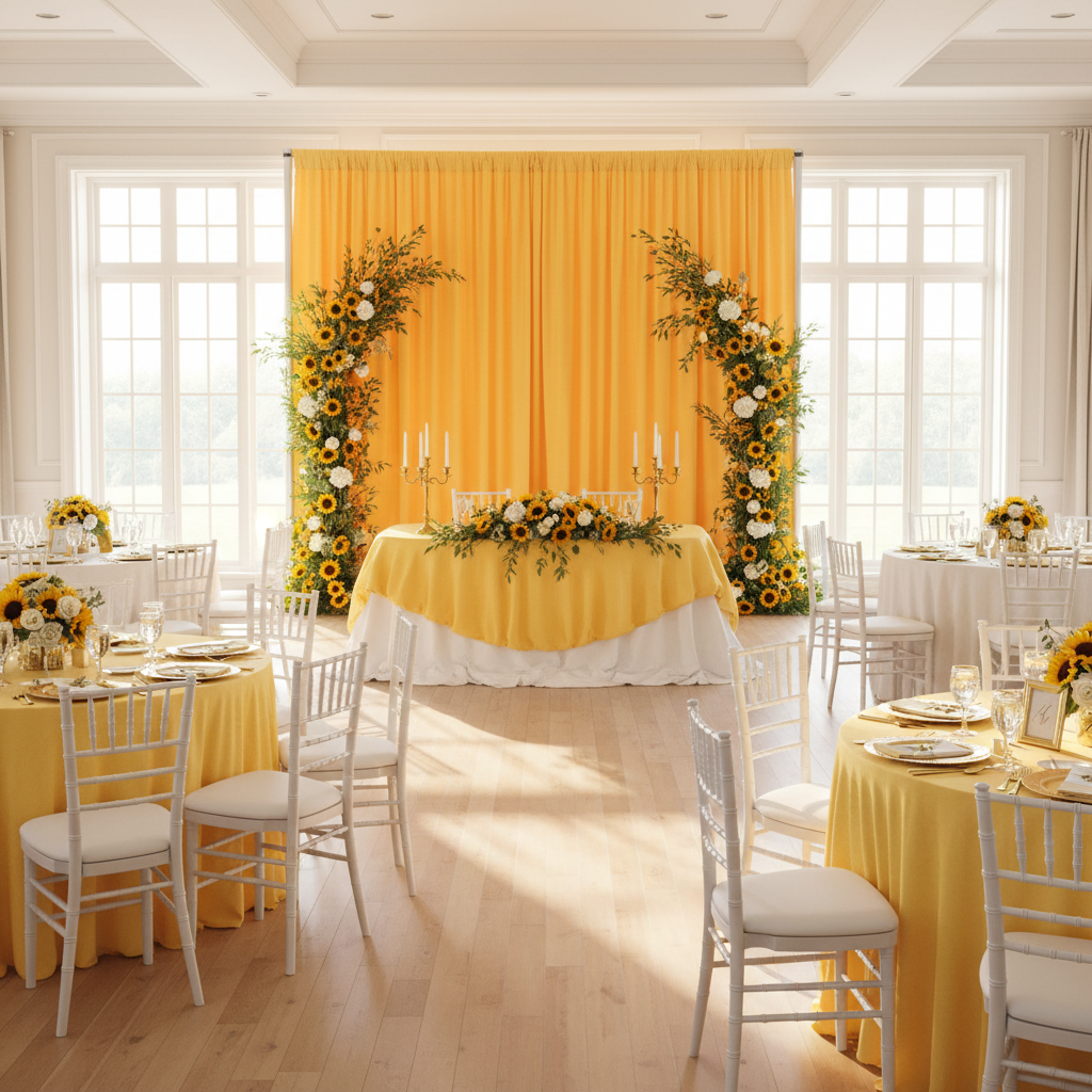 summer wedding reception with Spandex 4-way Stretch Backdrop Drape Curtain 16ft H x 60" W - Canary Yellow