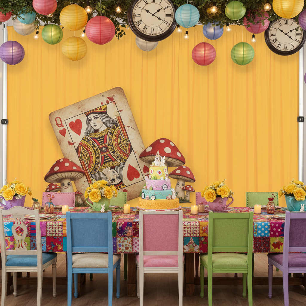 alice in wonderland kids themed party with Spandex 4-way Stretch Backdrop Drape Curtain 16ft H x 60" W - Canary Yellow