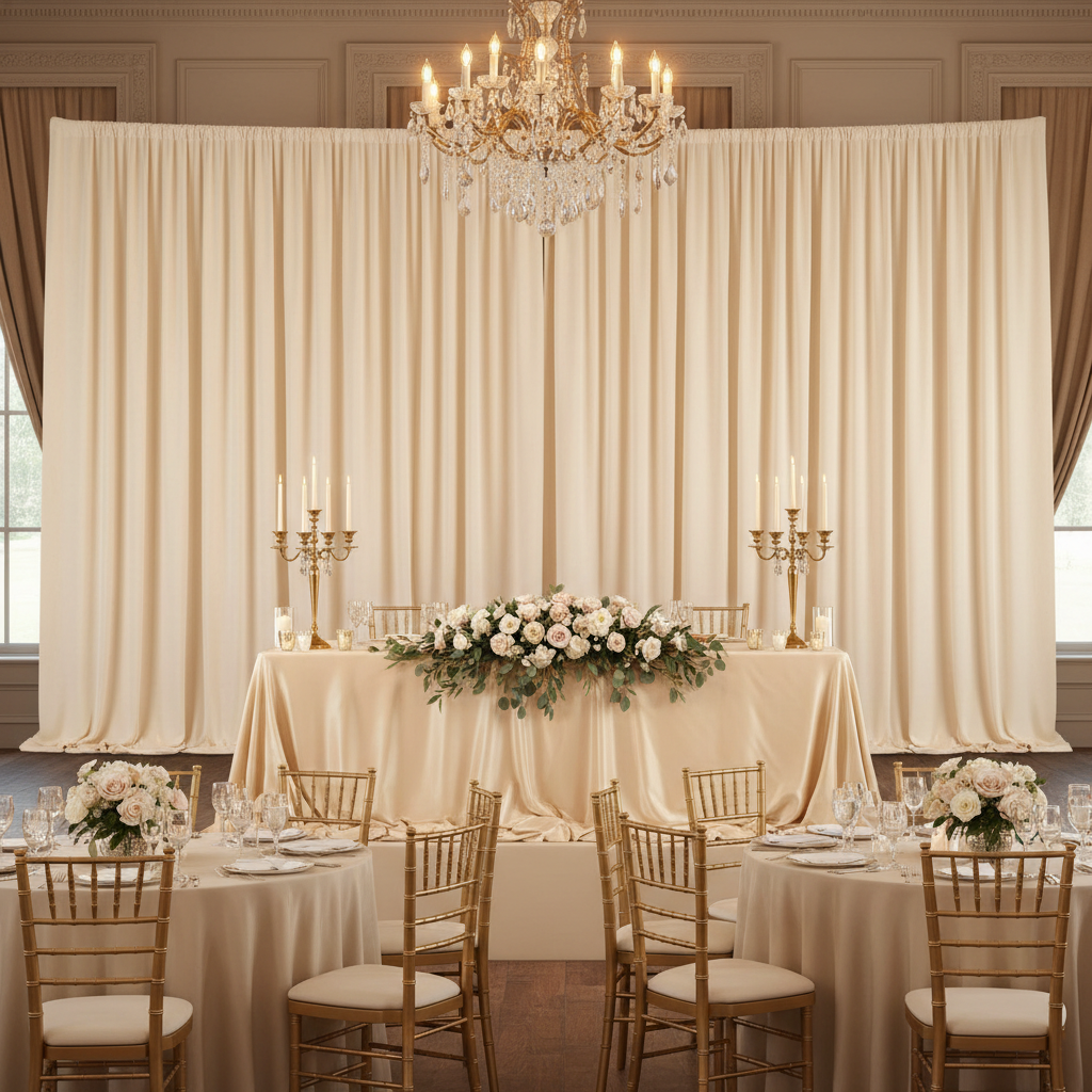 indoor wedding reception with Spandex 4-way Stretch Backdrop Drape Curtain 16ft H x 60" W - Champagne