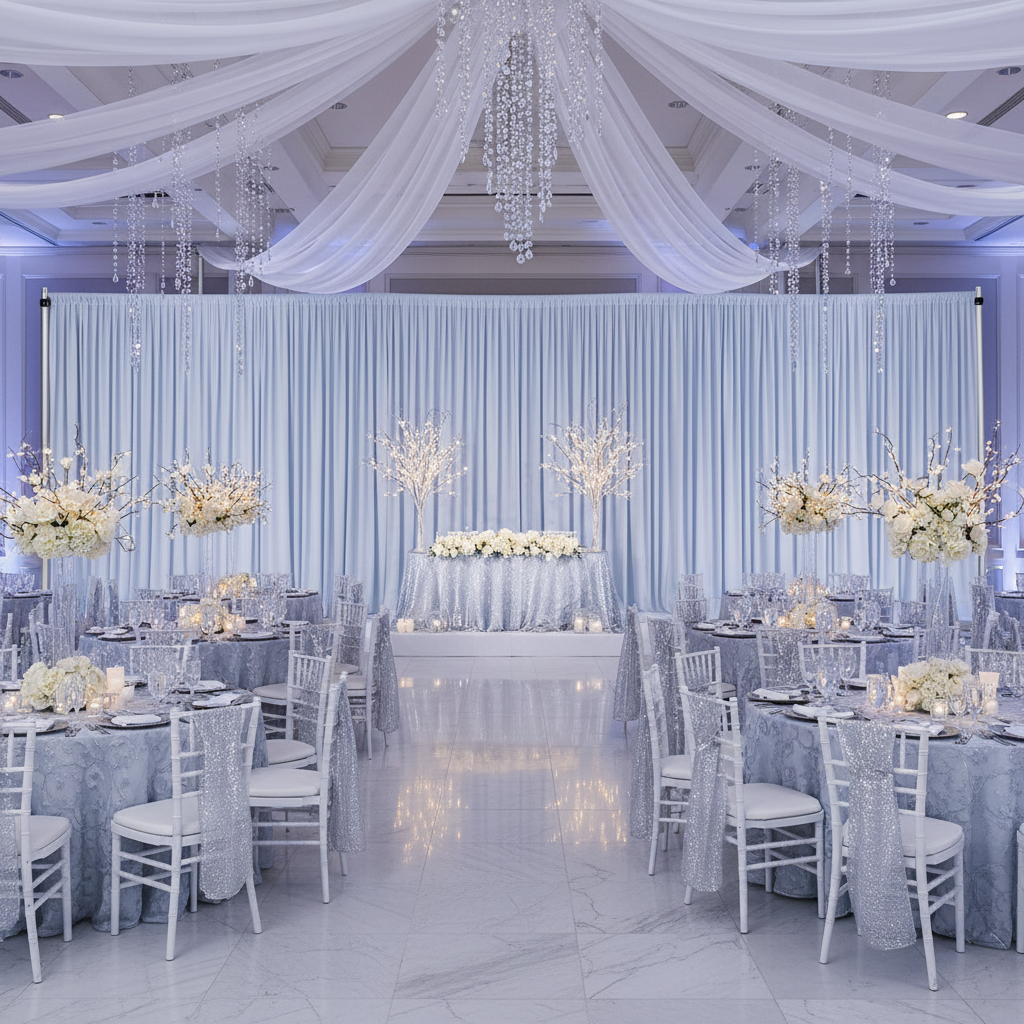 winter wonderland birthday celebration with Spandex 4-way Stretch Backdrop Drape Curtain 16ft H x 60" W - Dusty Blue