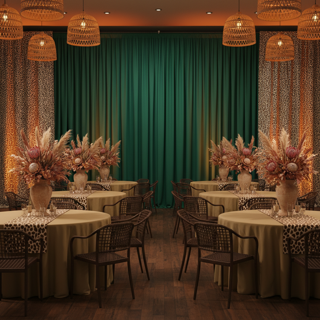 indoor safari dinner table setup with Spandex 4-way Stretch Backdrop Drape Curtain 16ft H x 60" W - Emerald Green