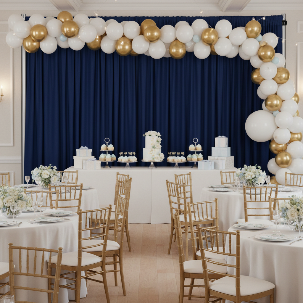 baby shower with Spandex 4-way Stretch Backdrop Drape Curtain 16ft H x 60" W - Navy Blue