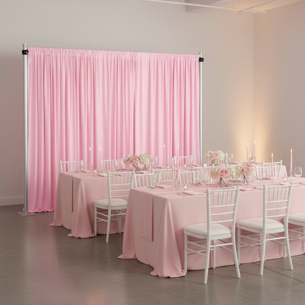 indoor simple teenager dinner setup with Spandex 4-way Stretch Backdrop Drape Curtain 16ft H x 60" W - Pink