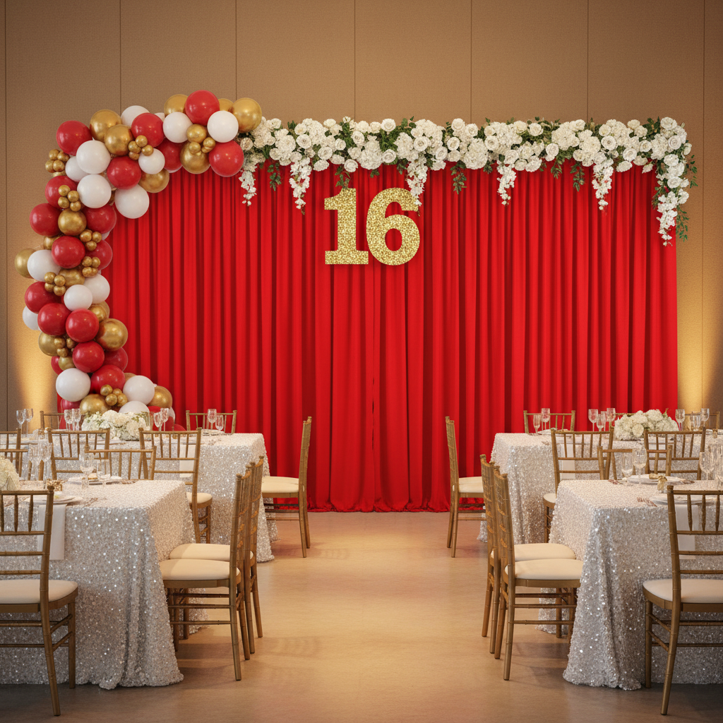 sweet sixteen birthday backdrop setup with Spandex 4-way Stretch Backdrop Drape Curtain 16ft H x 60" W - Red