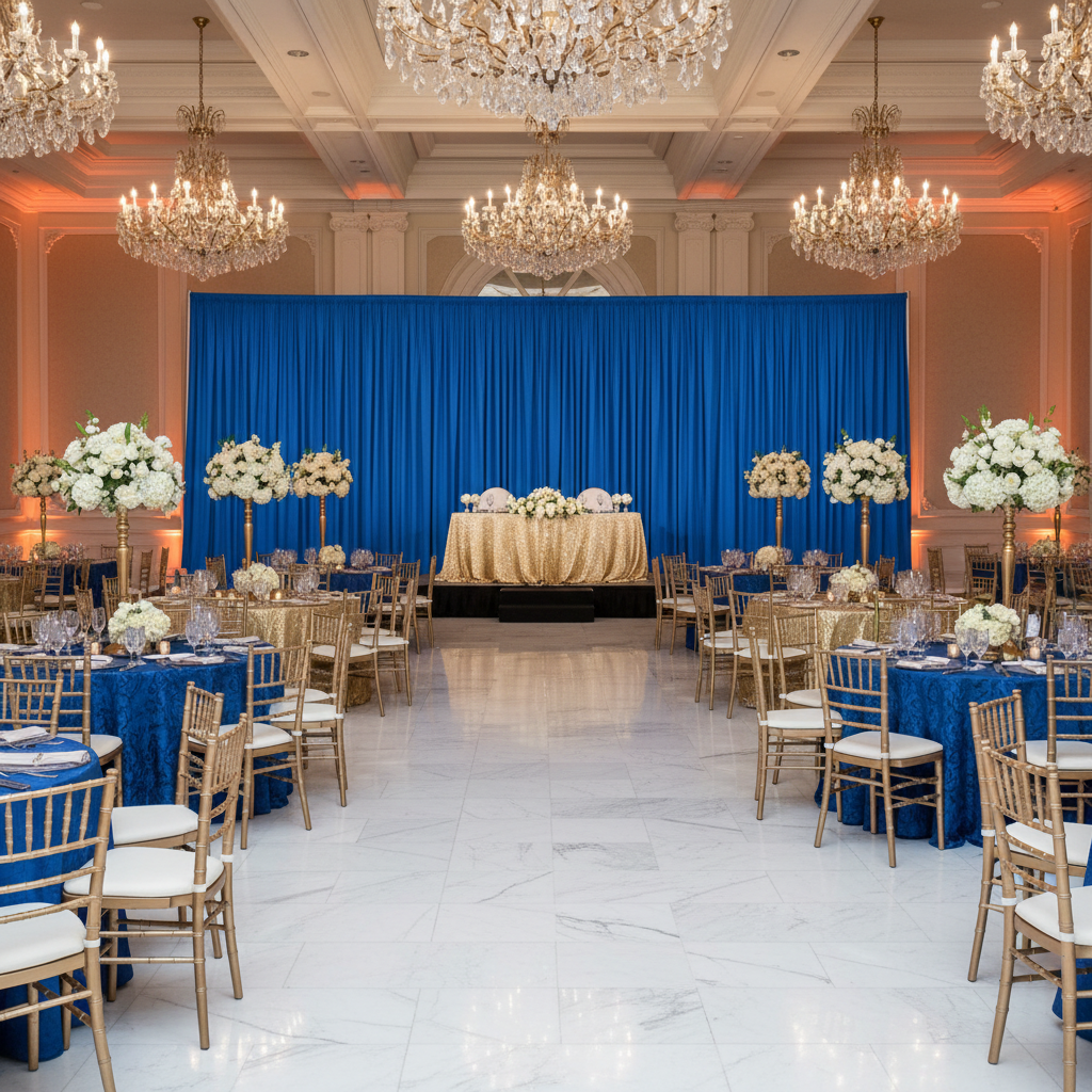 grand ballroom wedding reception with Spandex 4-way Stretch Backdrop Drape Curtain 16ft H x 60" W - Royal Blue