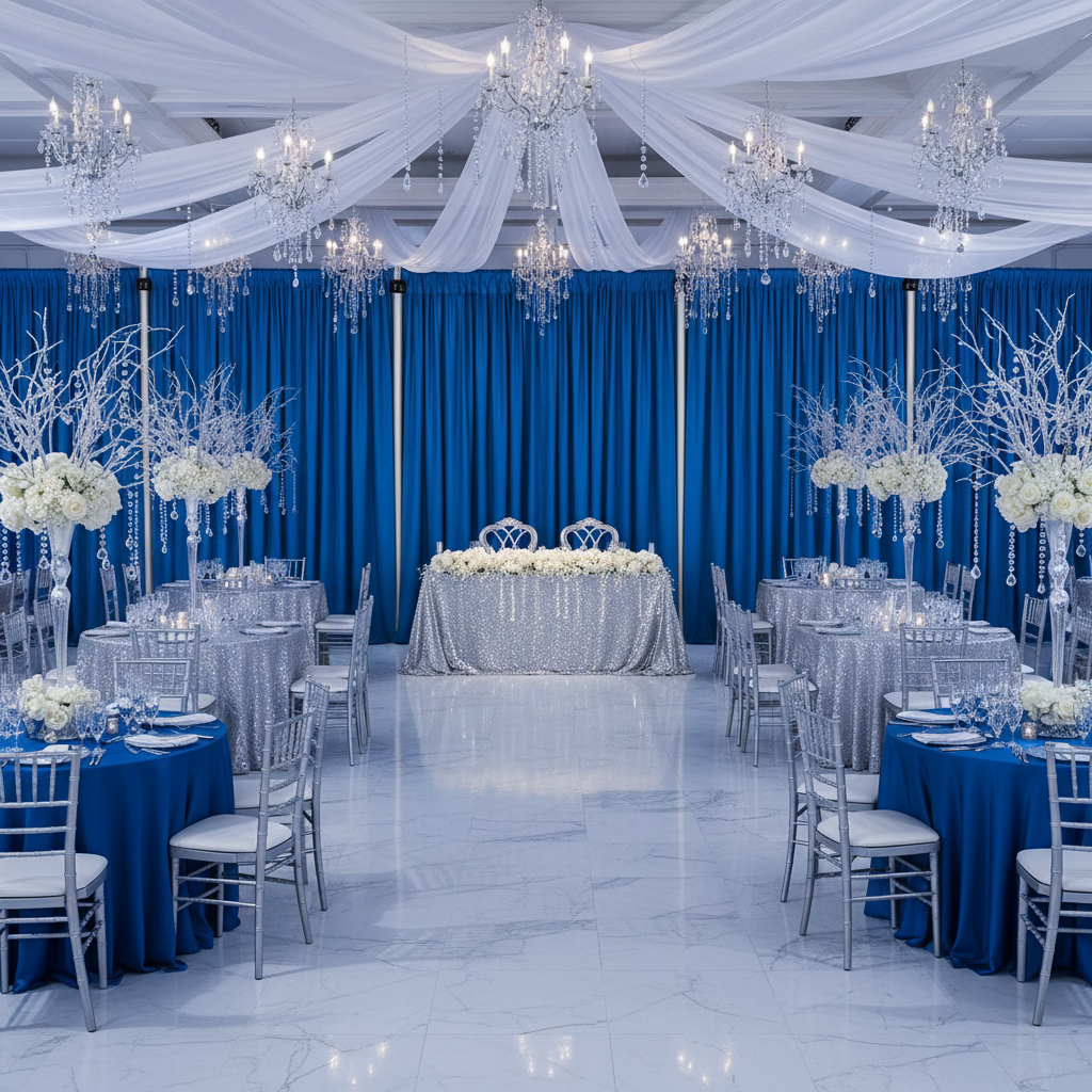 indoor winter wonderland themed reception with Spandex 4-way Stretch Backdrop Drape Curtain 16ft H x 60" W - Royal Blue
