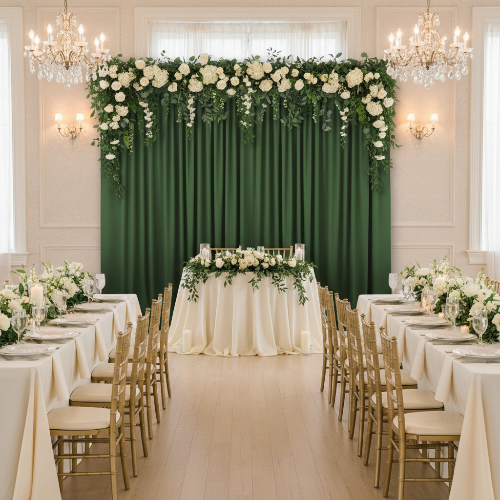garden inspired wedding reception with Spandex 4-way Stretch Backdrop Drape Curtain 16ft H x 60" W - Willow Green