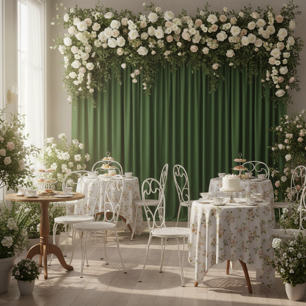 indoor garden tea party setup with Spandex 4-way Stretch Backdrop Drape Curtain 16ft H x 60" W - Willow Green