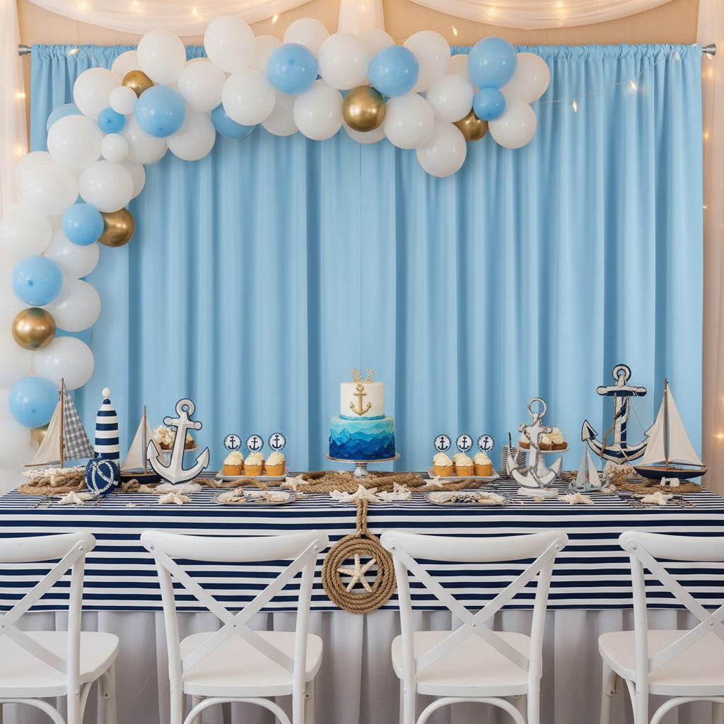 nautical theme party with Spandex 4-way Stretch Backdrop Drape Curtain 18ft H x 60" W - Baby Blue