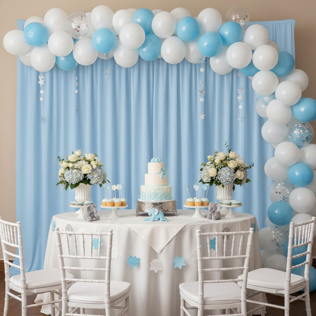 indoor baby shower with Spandex 4-way Stretch Backdrop Drape Curtain 18ft H x 60" W - Baby Blue
