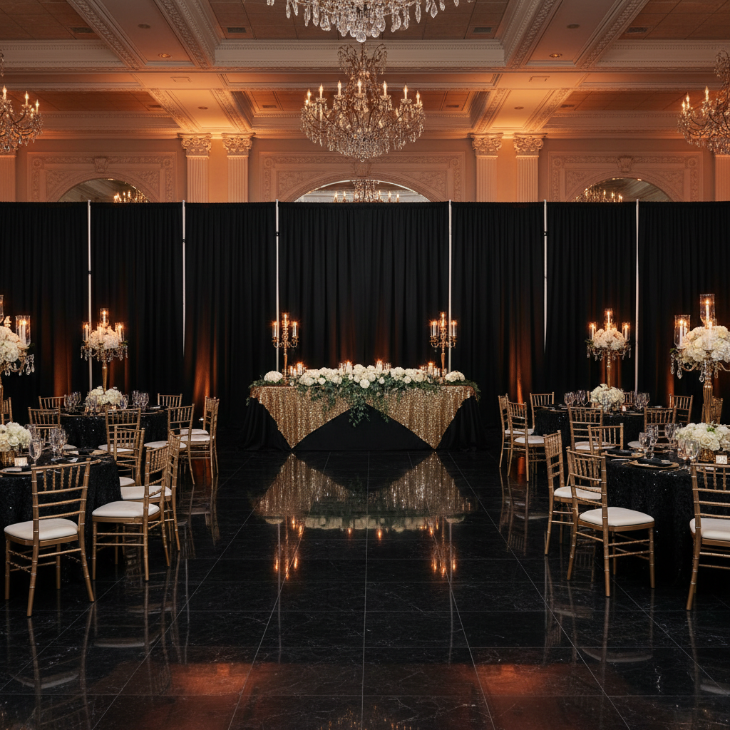 black and gold grand ballroom reception with Spandex 4-way Stretch Backdrop Drape Curtain 18ft H x 60" W - Black