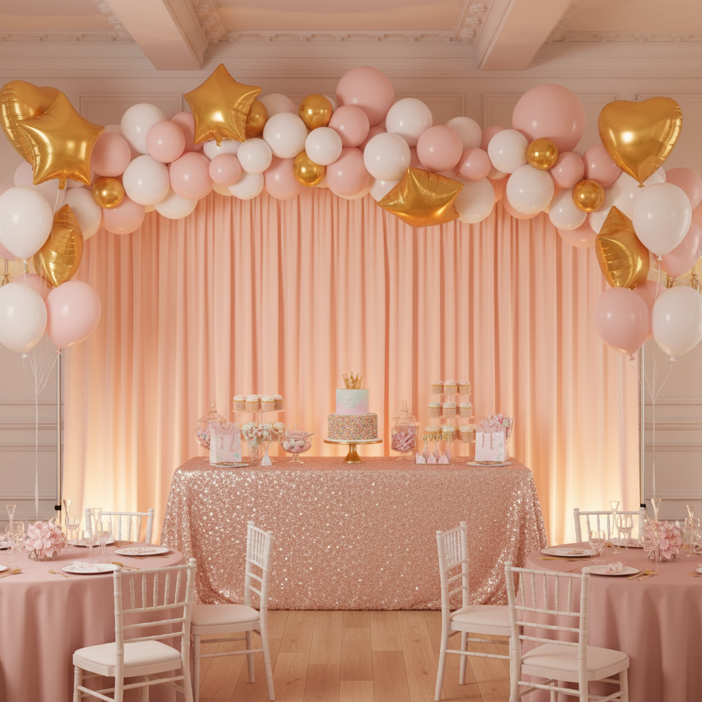 kids birthday party indoor with Spandex 4-way Stretch Backdrop Drape Curtain 18ft H x 60" W - Blush/Rose Gold