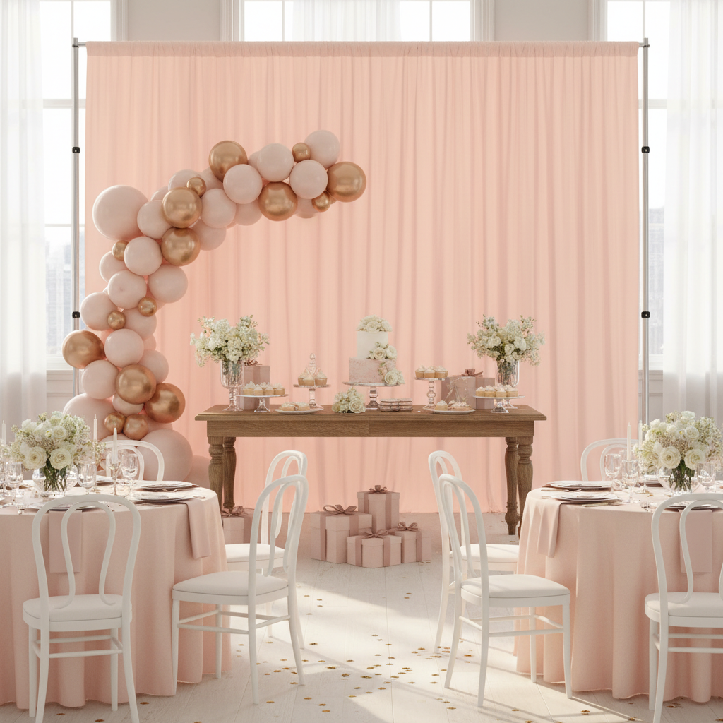 baby shower indoor setup with Spandex 4-way Stretch Backdrop Drape Curtain 18ft H x 60" W - Blush/Rose Gold